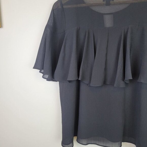 𝅺ann Taylor Ruffle Short Sleeve Blouse Black XS - Picture 5 of 10